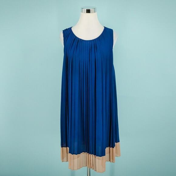 Oroton Size 10 Blue Tan Color Block Sleeveless Pleated Tuckernuck Dress - Picture 1 of 6
